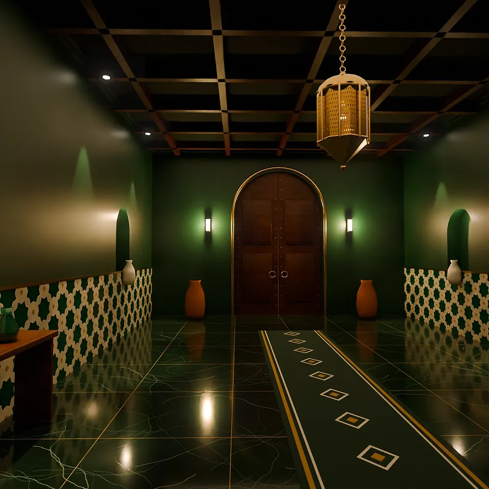 Entrée vert sombre, porte en bois cintrée et zellige