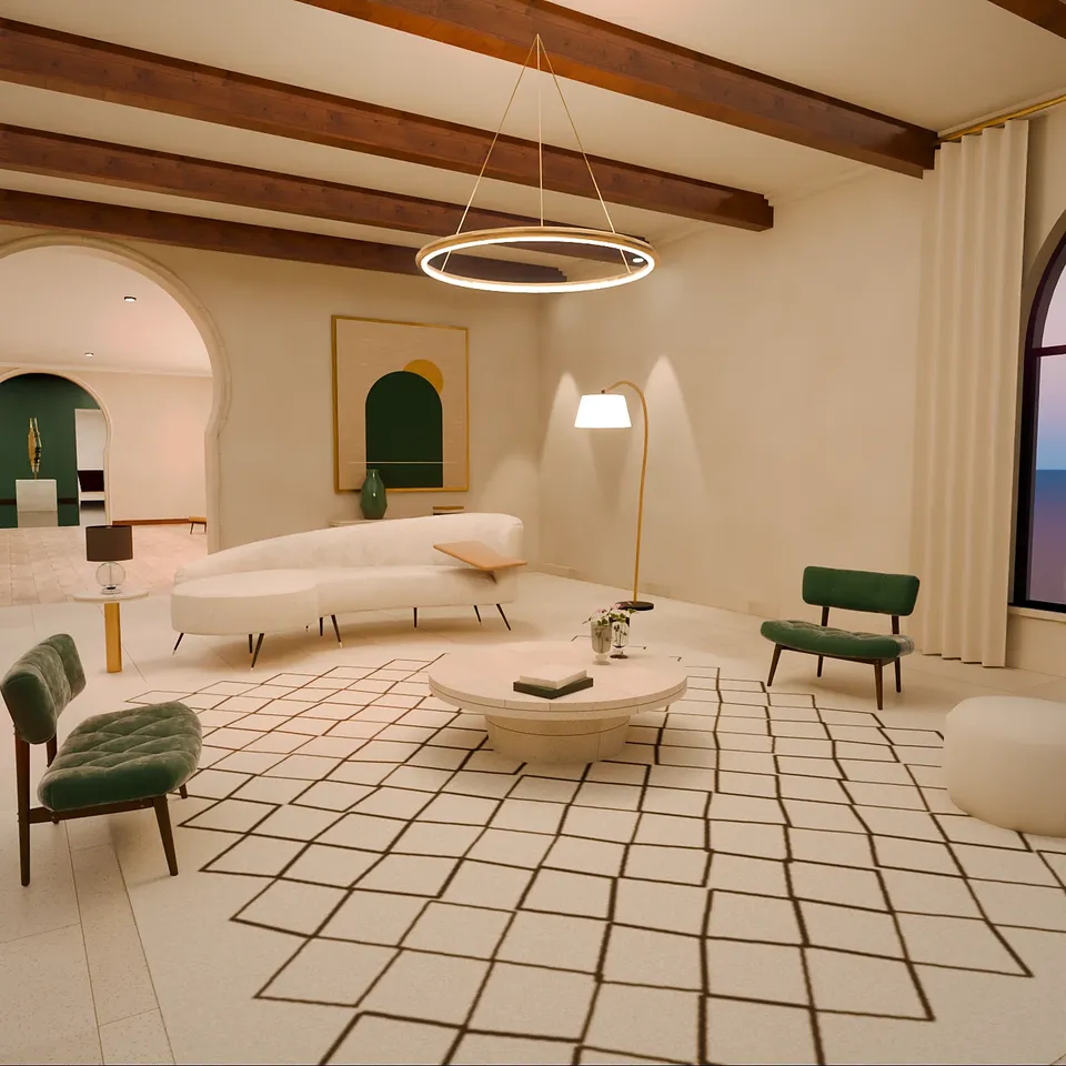 Salon clair avec canapé ivoire, fauteuils verts et tapis à motif losange